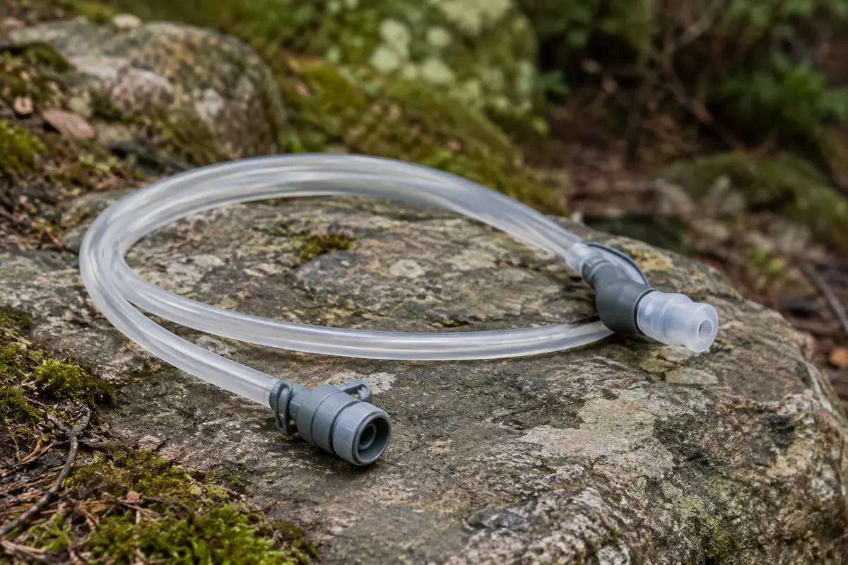 Tube d’hydratation clair HydraPak avec raccord rapide et valve à morsure posé sur une pierre