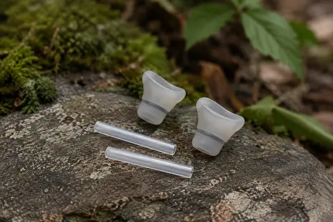 Deux gaines de valve de morsure HydraPak en silicone, avec tubes intérieurs, posées sur une pierre en sous-bois.