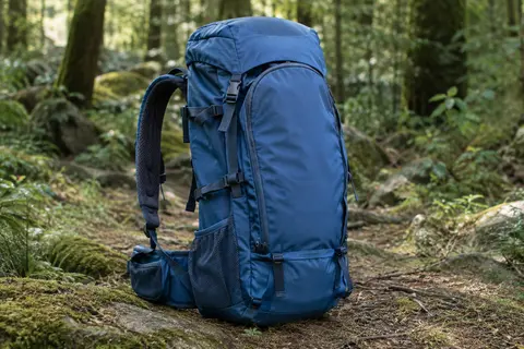 Sac à dos de randonnée bleu de 60 L, avec poches latérales et sangles, posé au bord d’un sentier forestier.
