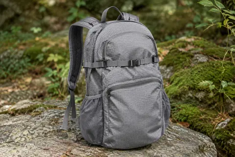 Petit sac à dos de randonnée pliable gris à motif vichy, posé sur une pierre en sous-bois.