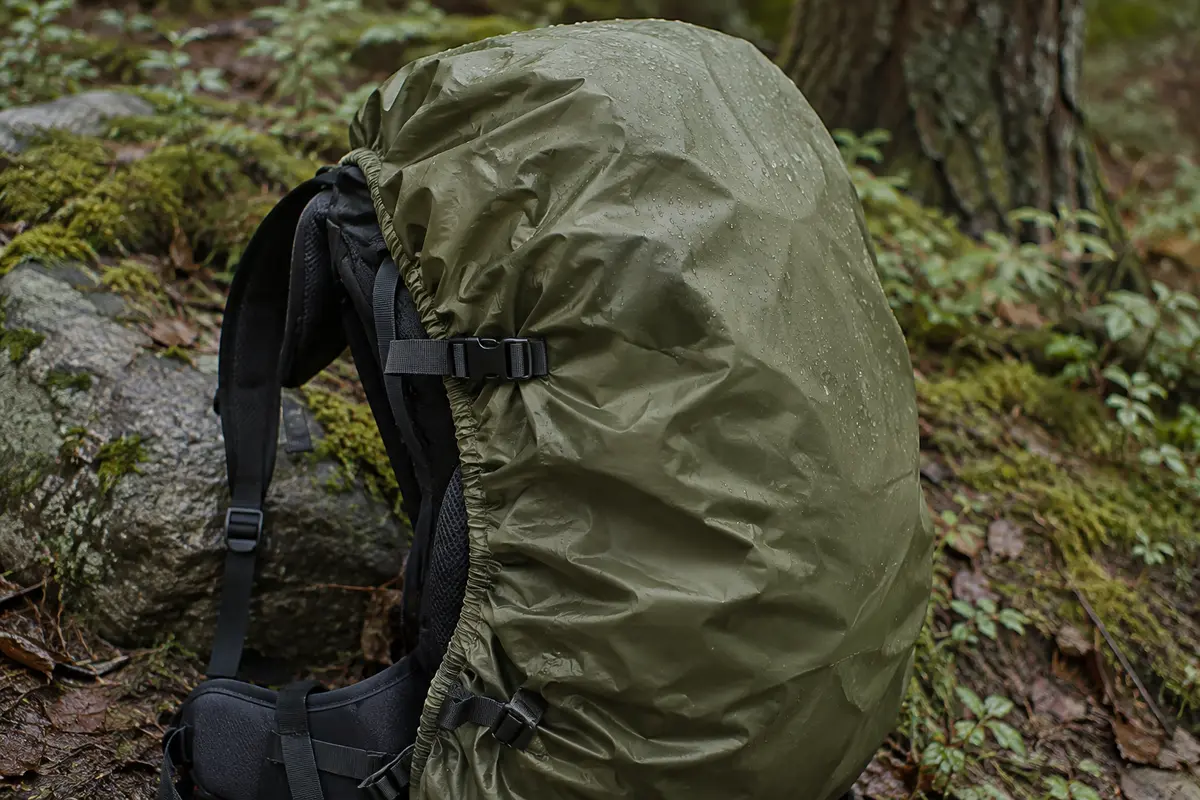 Housse de pluie vert olive ajustée sur un sac à dos de randonnée dans un sous-bois humide
