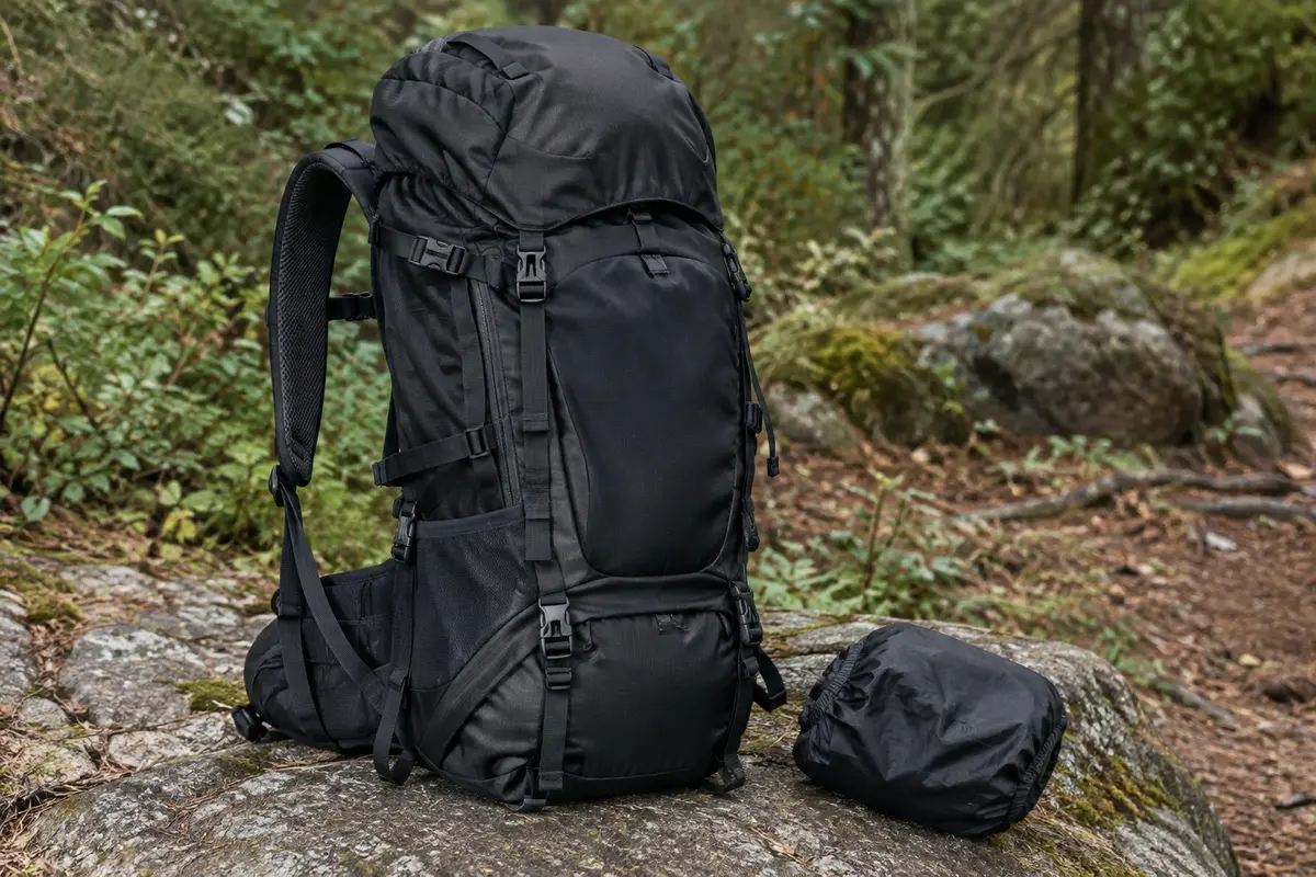 Sac à dos de randonnée noir avec compartiment à chaussures et housse de pluie, posé près d’un sentier