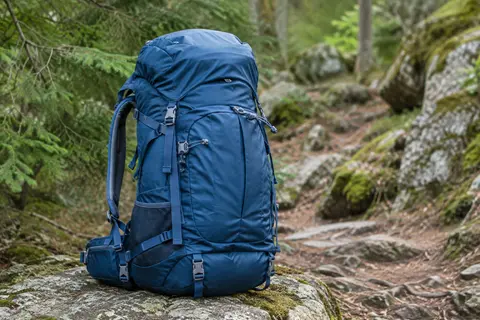 Sac à dos de trekking bleu Millet Gravic posé sur une pierre, avec ses poches et attaches visibles.