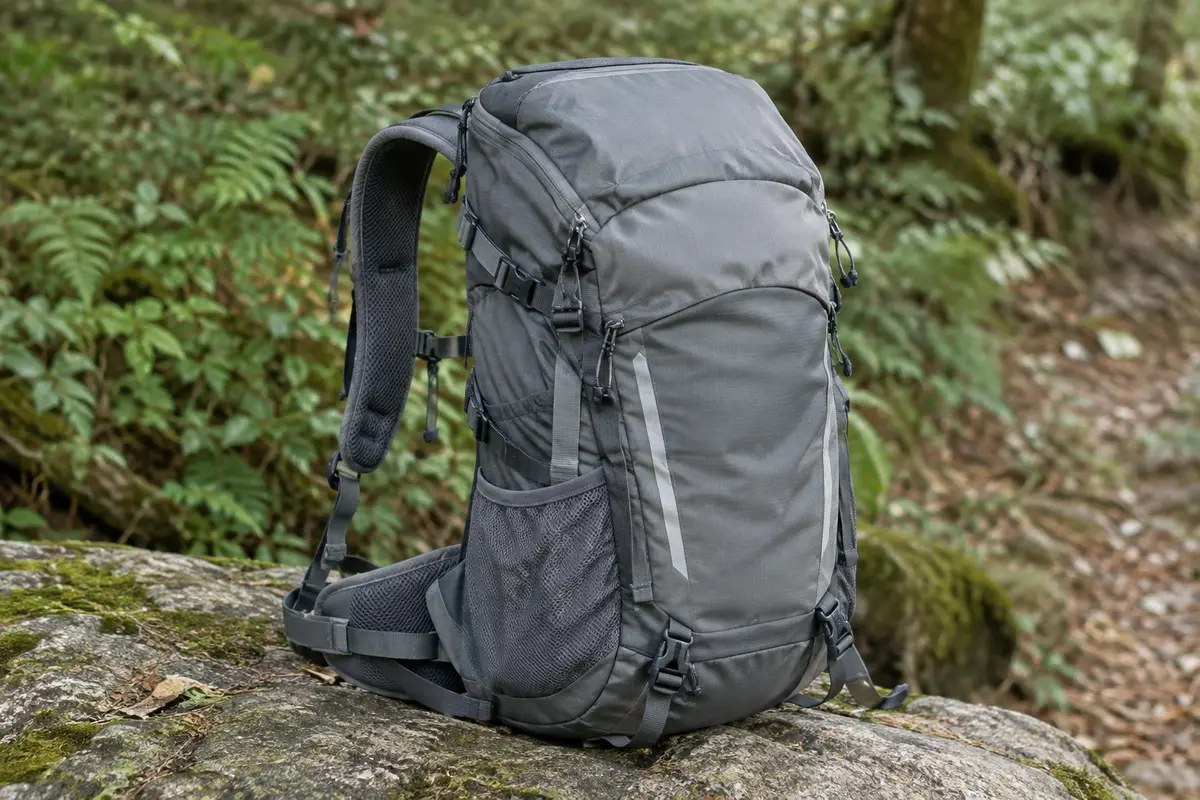 Sac à dos de randonnée gris de 35 L posé sur une pierre en sous-bois, avec bretelles et ceinture visibles.