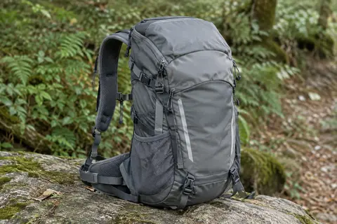 Sac à dos de randonnée gris de 35 L posé sur une pierre en sous-bois, avec bretelles et ceinture visibles.