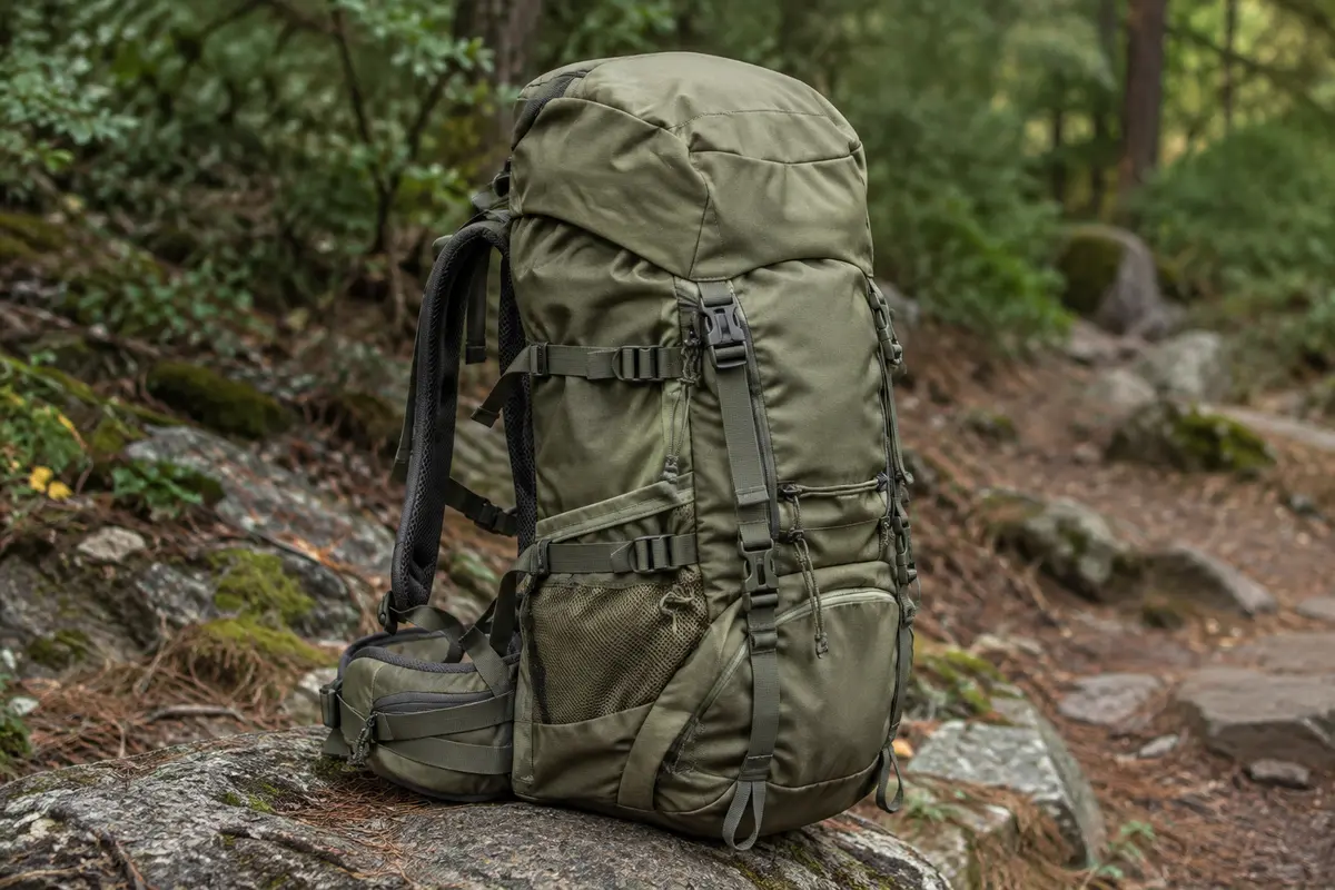 Sac à dos de trekking kaki de 40 L posé sur une pierre en bord de sentier, avec ses poches et sangles visibles.