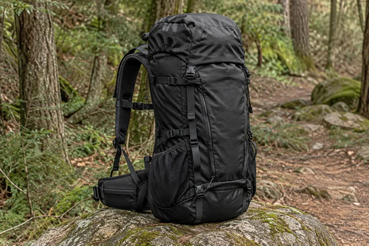 Sac à dos de randonnée noir de 50 L posé sur une pierre en bordure d’un sentier forestier.
