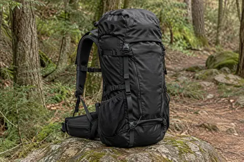 Sac à dos de randonnée noir de 50 L posé sur une pierre en bordure d’un sentier forestier.
