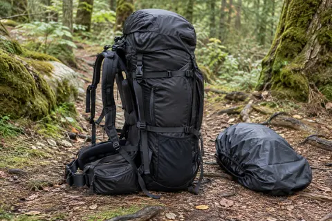 Sac à dos de trekking noir en nylon avec sangles extérieures et housse de pluie, posé sur un sentier forestier.