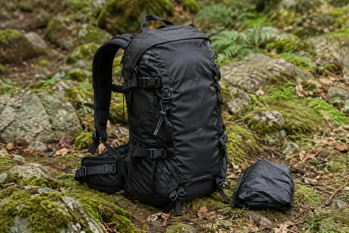 Sac à dos de randonnée noir en nylon posé sur un sentier, avec son couvre-pluie plié à côté.