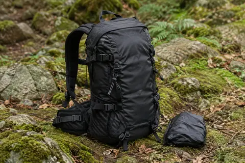 Sac à dos de randonnée noir en nylon posé sur un sentier, avec son couvre-pluie plié à côté.