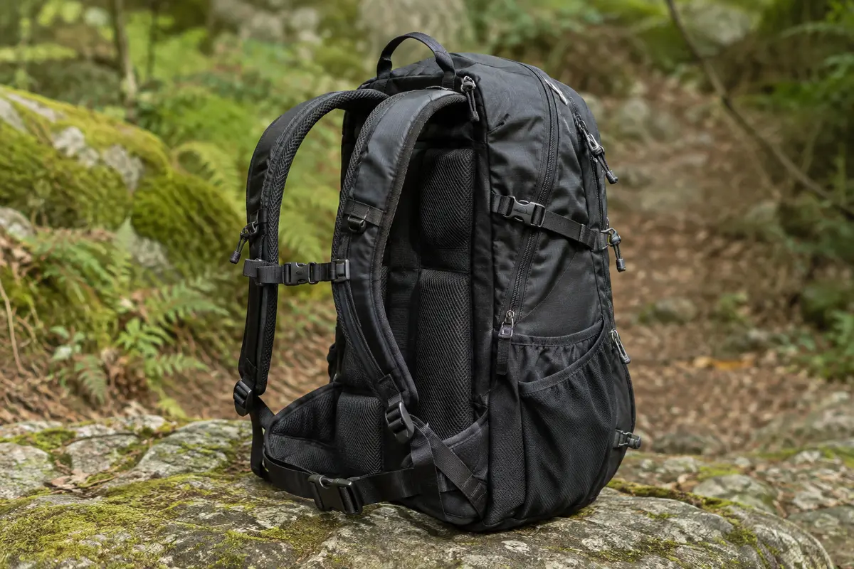 Sac à dos de randonnée noir posé sur une pierre, avec ses bretelles rembourrées et ses poches latérales visibles