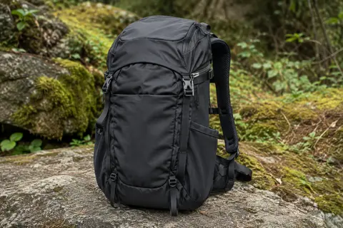 Sac à dos de randonnée noir posé sur une pierre, avec panneau dorsal en maille et poches latérales