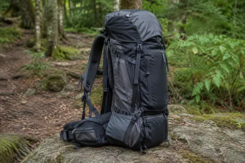 Sac à dos de trekking de 65 L en nylon sombre posé sur une pierre au bord d’un sentier boisé