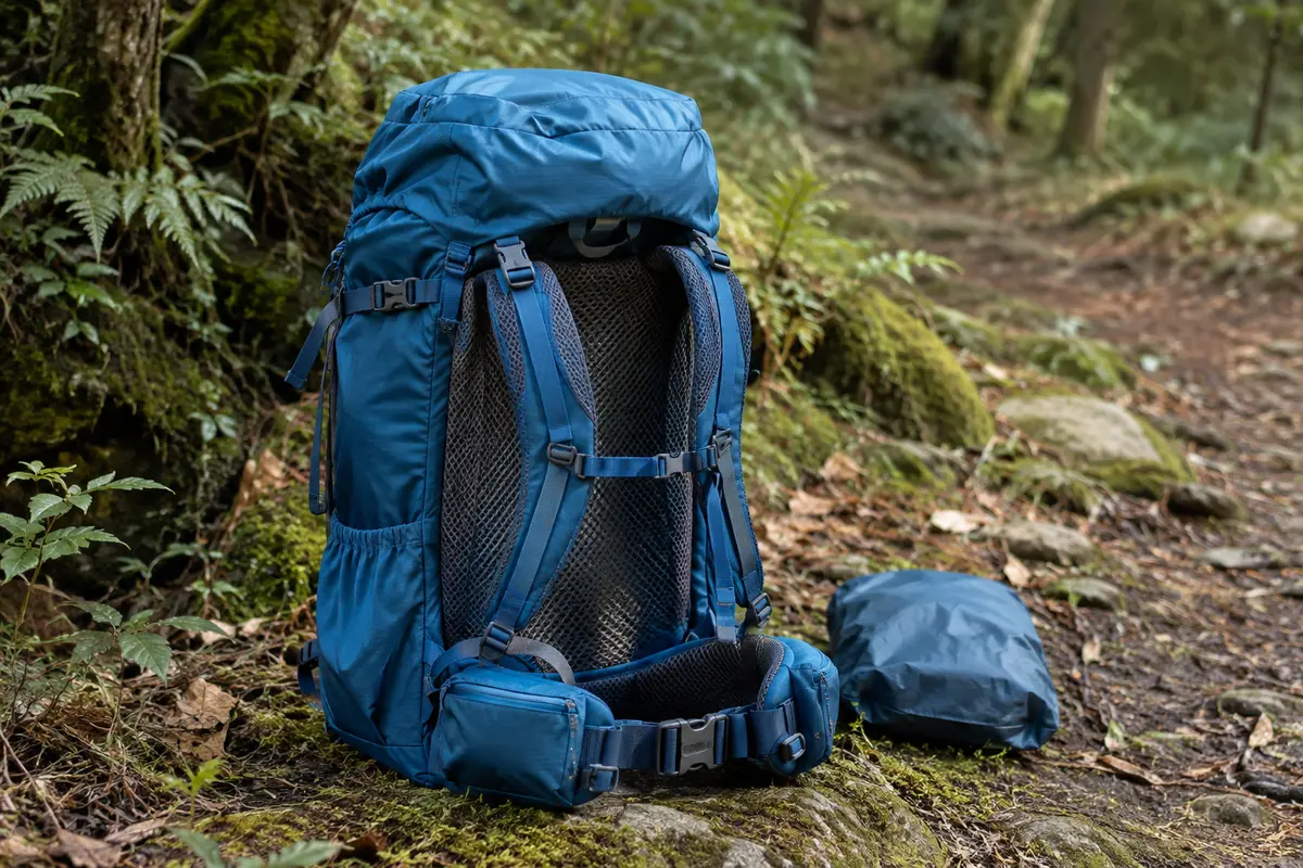Sac à dos de randonnée bleu posé près d’un sentier, avec panneau arrière ventilé et poches latérales élastiques.