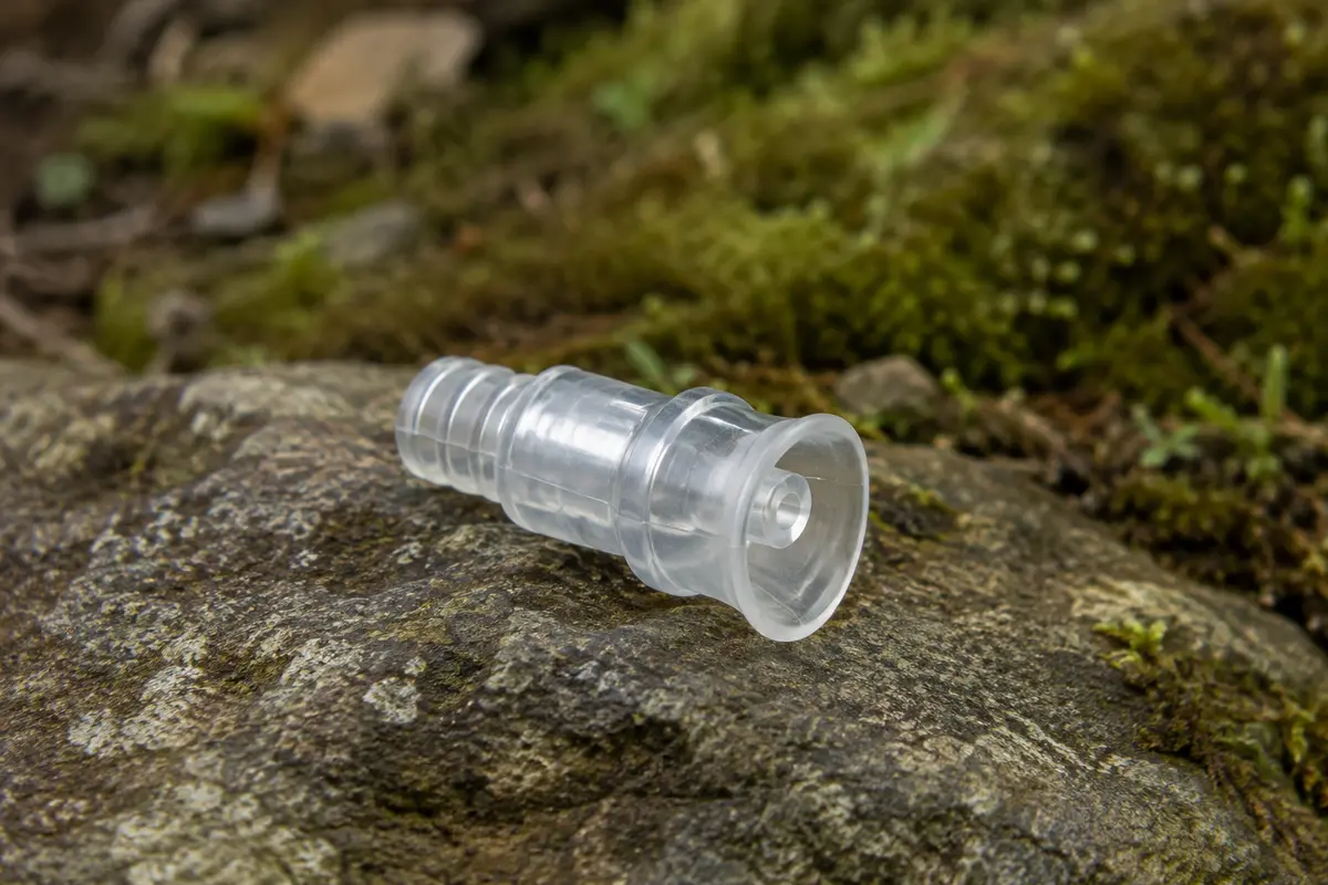 Valve de morsure Osprey en plastique transparent posée sur une pierre en sous-bois