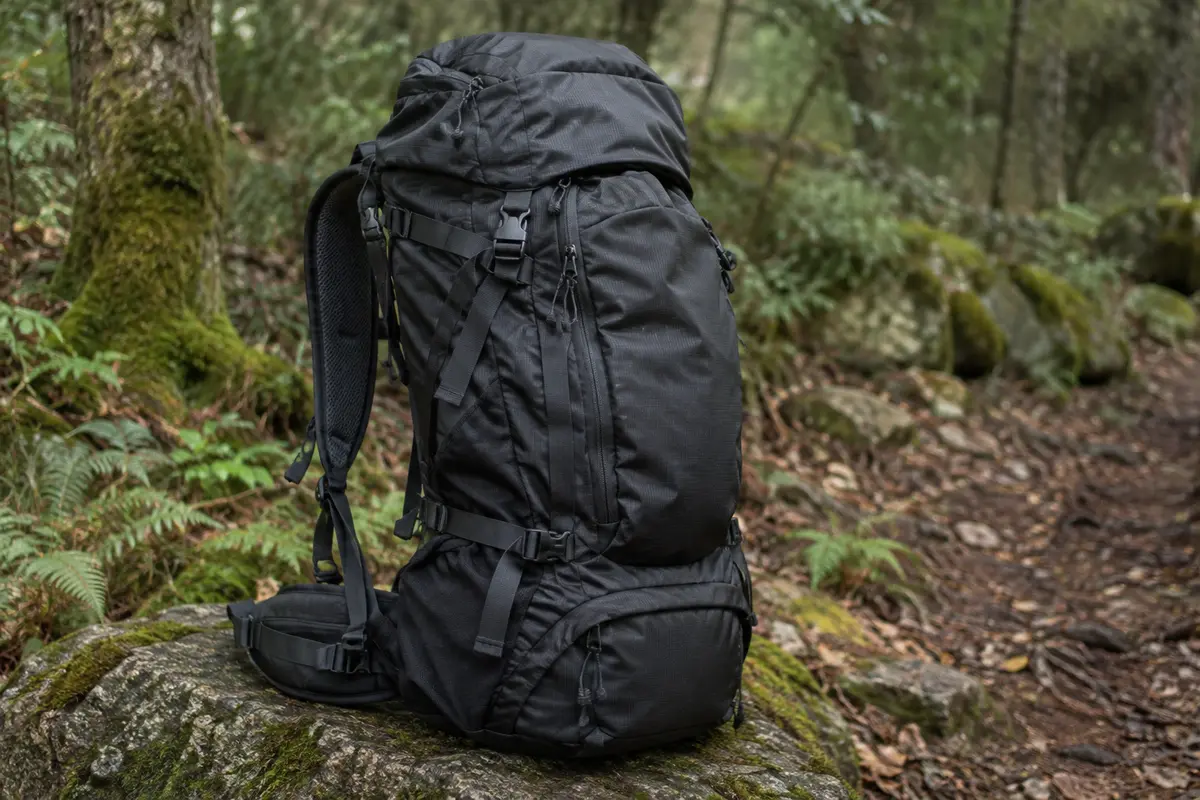 Grand sac à dos de trekking noir posé sur une pierre dans un sous-bois, avec ses poches zippées visibles.