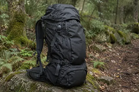 Grand sac à dos de trekking noir posé sur une pierre dans un sous-bois, avec ses poches zippées visibles.