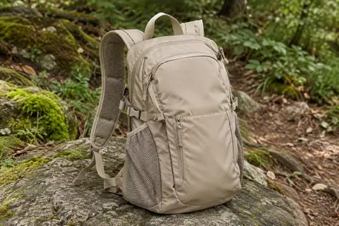 Sac à dos de randonnée pliable beige posé sur une pierre au bord d’un sentier boisé
