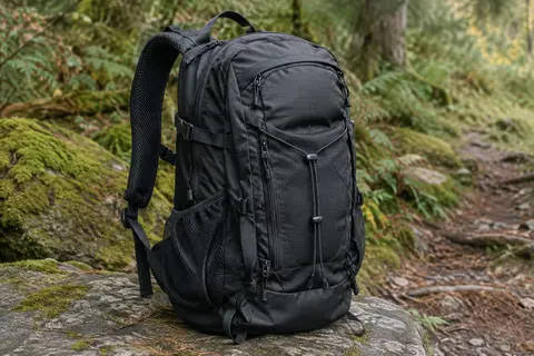 Sac à dos de randonnée noir posé sur une pierre, avec poches zippées, cordon avant et bretelles en maille