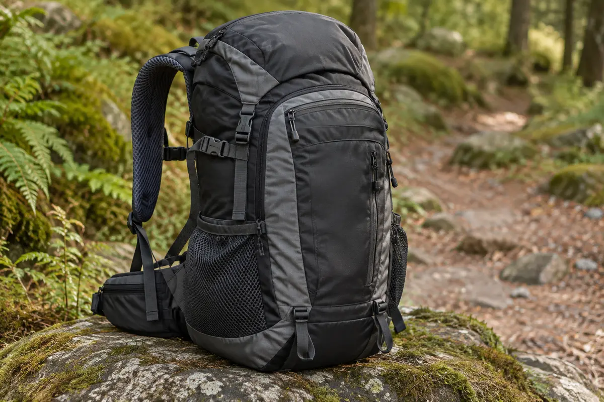 Sac à dos de randonnée noir et gris posé sur une pierre en sous-bois, avec ses poches et sangles visibles.