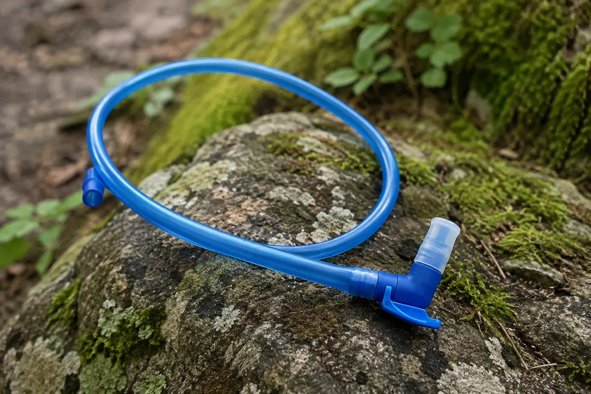 Tube bleu de poche d’hydratation avec valve silicone coudée, posé sur une pierre près d’un sentier boisé.
