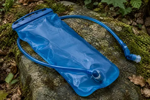 Poche à eau bleue de 2 litres avec tube amovible et buse à morsure posée sur une pierre en sous-bois.