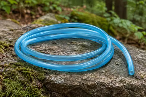 Tube souple bleu clair Salomon pour réservoir d’hydratation posé sur une pierre au bord d’un sentier