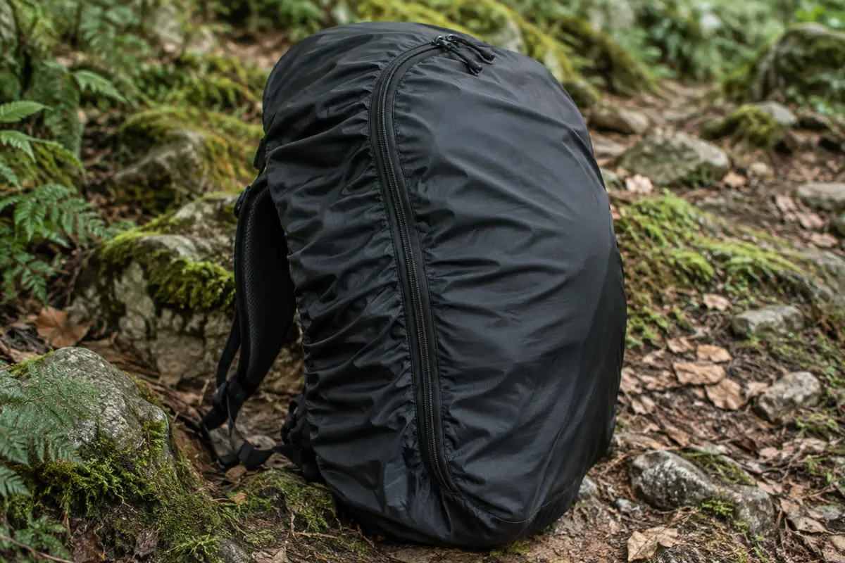 Housse noire en nylon fermée autour d’un sac à dos de trekking posé sur un sentier forestier.