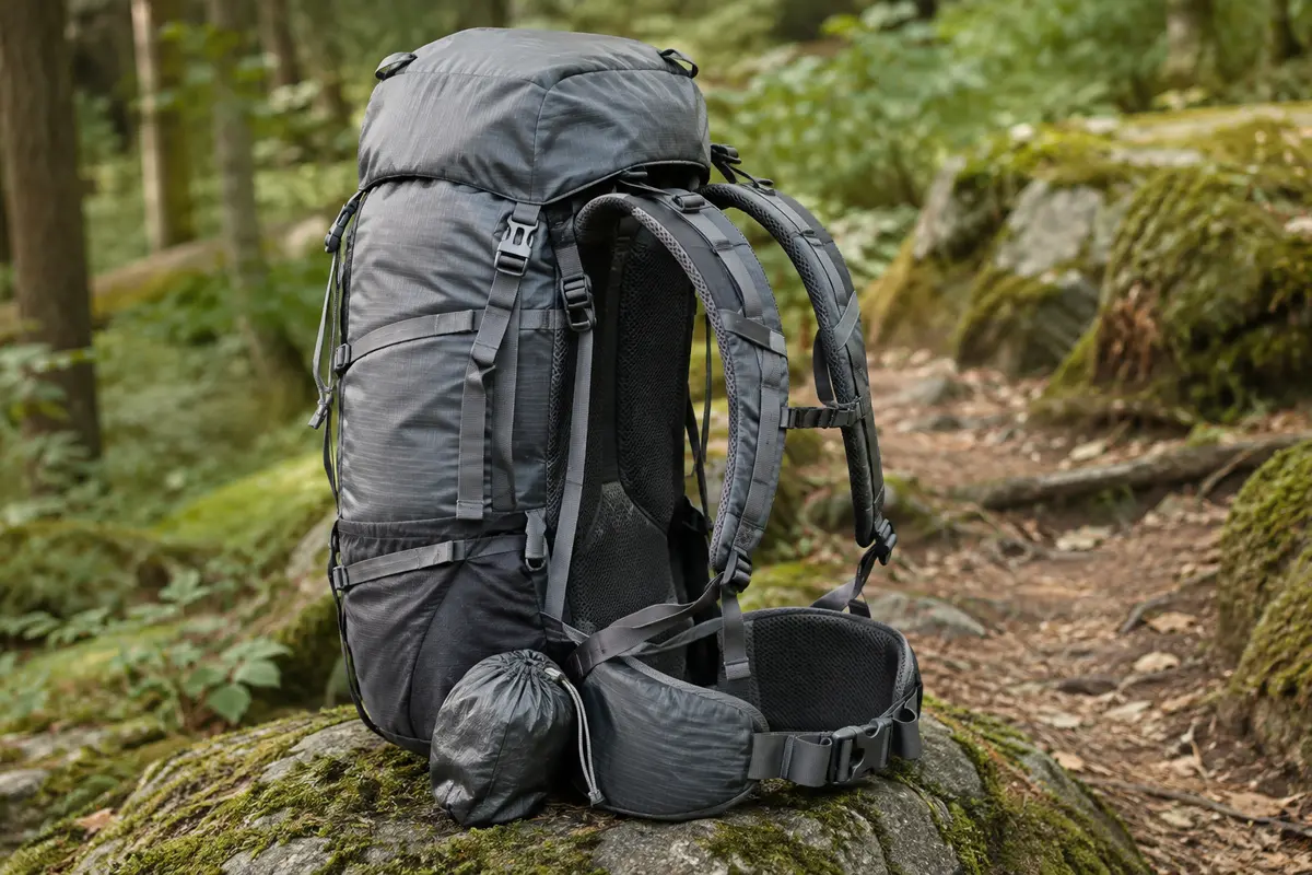 Sac à dos de randonnée gris avec dos en mesh, ceinture ventrale et attaches externes, posé en sous-bois.