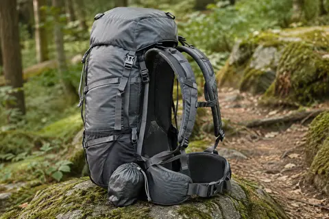 Sac à dos de randonnée gris avec dos en mesh, ceinture ventrale et attaches externes, posé en sous-bois.