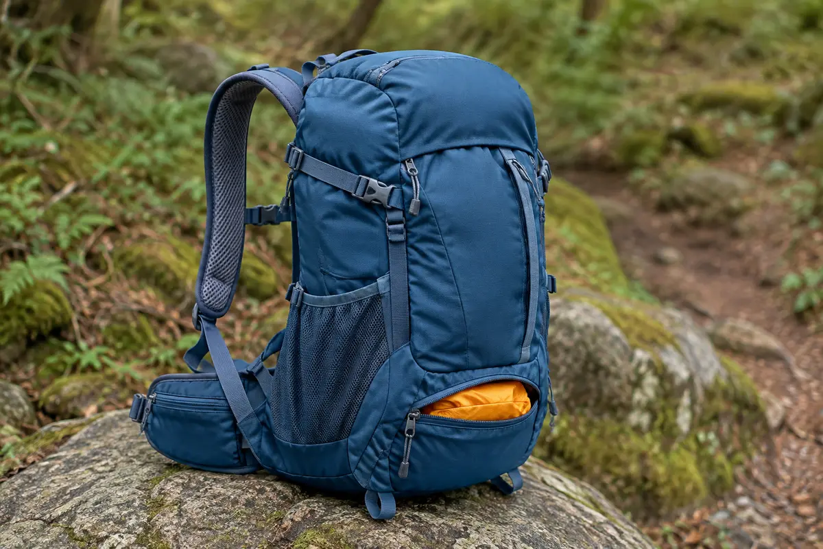 Sac à dos de randonnée bleu de 35 L posé sur une pierre au bord d’un sentier forestier, avec sa housse de pluie