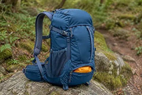 Sac à dos de randonnée bleu de 35 L posé sur une pierre au bord d’un sentier forestier, avec sa housse de pluie