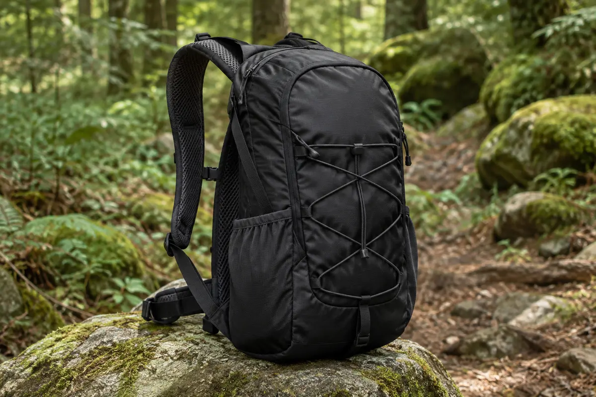 Sac à dos de randonnée noir avec dos ventilé en maille, poches latérales et fixation élastique frontale