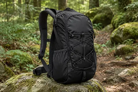 Sac à dos de randonnée noir avec dos ventilé en maille, poches latérales et fixation élastique frontale