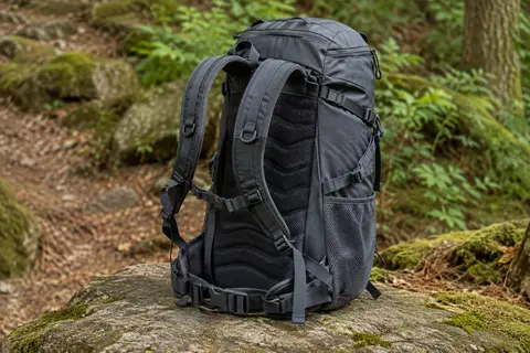Sac à dos de randonnée gris foncé de 30 litres posé sur une pierre en sous-bois