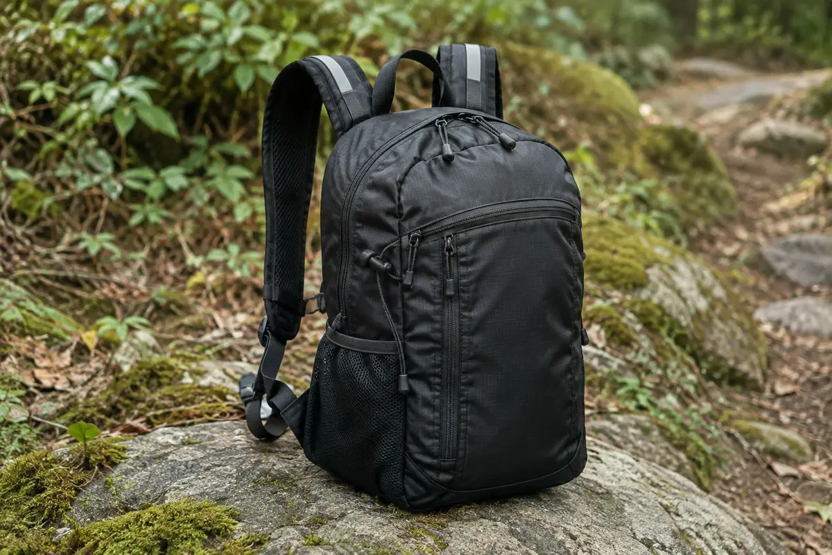 Sac à dos pliable noir posé sur une pierre en sous-bois, avec ses bretelles réfléchissantes visibles.