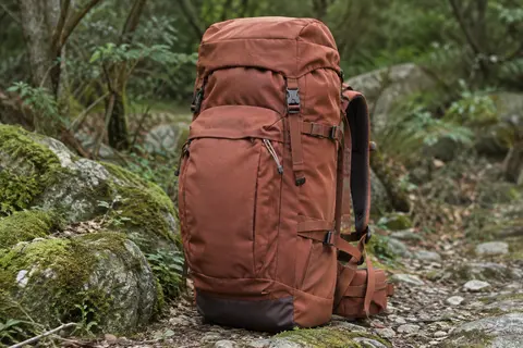Sac à dos de trekking Tatonka Yukon jaspe posé sur un sentier, avec ouverture avant et couvercle amovible visibles