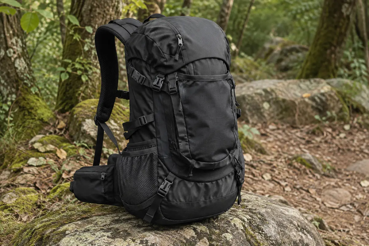 Sac à dos de randonnée noir Terra Peak posé sur une pierre, avec poches frontales et sangles visibles