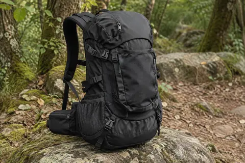 Sac à dos de randonnée noir Terra Peak posé sur une pierre, avec poches frontales et sangles visibles
