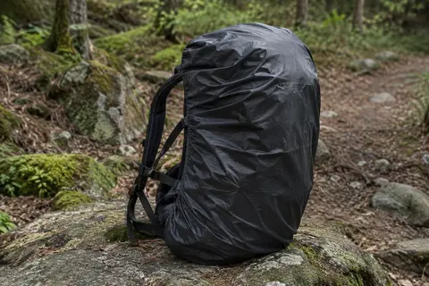 Housse de pluie noire Unigear ajustée sur un sac à dos posé au bord d’un sentier forestier