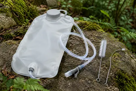 Poche à eau blanche de 2 L avec tuyau, embout et brosses de nettoyage posée au bord d’un sentier.