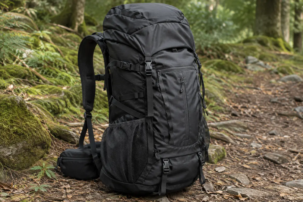 Sac à dos de randonnée noir de 65 L avec poches en maille et sangles réglables, posé sur un sentier.