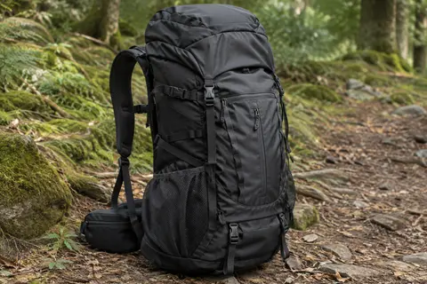 Sac à dos de randonnée noir de 65 L avec poches en maille et sangles réglables, posé sur un sentier.