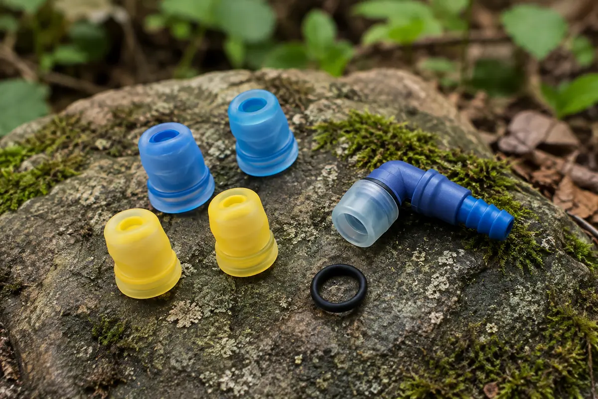 Kit de valves bleu et jaune avec connecteur coudé en PP et bague d’étanchéité, posé sur une pierre.