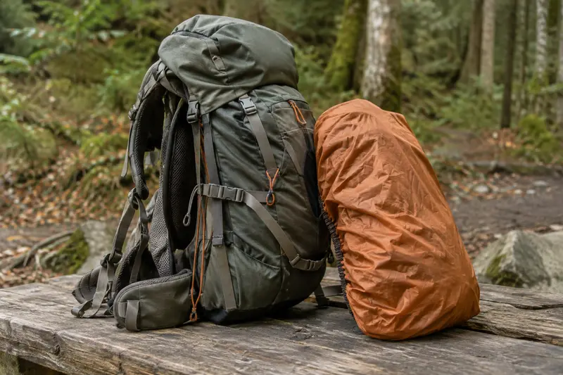 Sac de randonnée et housse de pluie réunis dans une composition sobre en bord de sentier