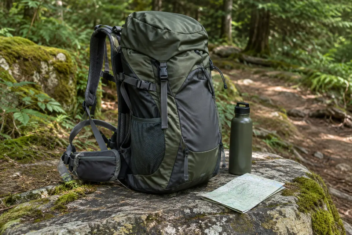 Sac à dos de randonnée posé près d’un sentier forestier, avec ses détails de portage visibles